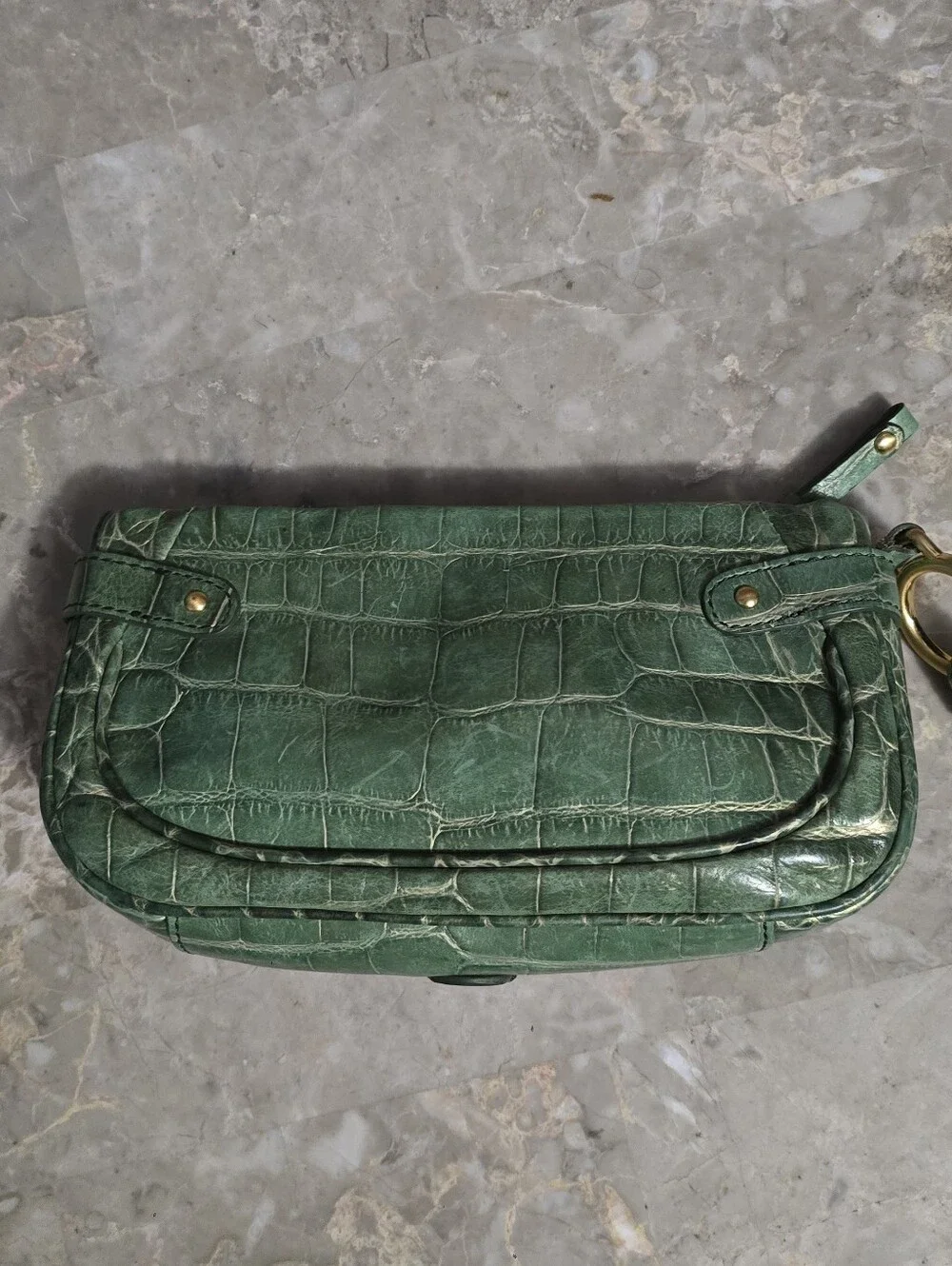 Cole Haan Green Crocodile Embossed Leather Large Wristlet/Mini Bag